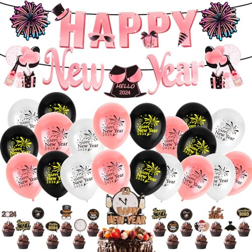 Silvester Deko 2024, PAMIYO Neujahr Deko 2024 Silvester Dekoration Set mit Latexballons, Happy New Year Banner, Silvesterpartydeko Accessoire Rosegold Silvester Ballon für Silvesterparty