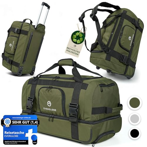 EVERGLOBE Reisetasche mit Rollen 60l Klein - 3in1 Tasche + Trolley + Rucksack | Reisekoffer mit Rollen Travel Bag Sporttasche Duffle Bag Koffer Urlaub Reise Outdoor Sport | Damen und Herren Khaki