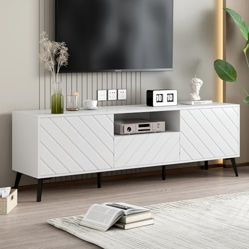 Merax TV Lowboard für 70-Zoll-Fernseher, TV Schrank mit 2 Türen 1 Schublade und 1 offenes Regal, Moderner TV Sideboard, verstellbaren Regale, Fernsehschrank für Wohnzimmer und Esszimmer, Weiß, 170cm