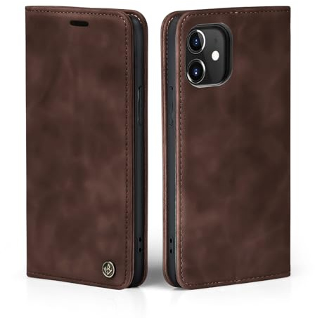 LBH Handyhülle für Apple iPhone 12 in Dunkelbraun mit Karten- und Geldfach Smartphone Hülle mit Standfunktion Flip Case Schutzhülle Magnetverschluss Vintage