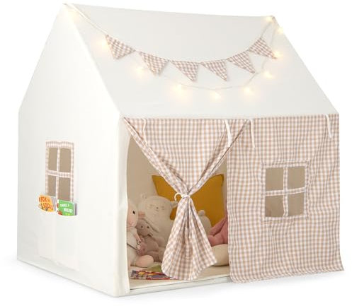 COSTWAY Kinderzelt für Drinnen, Kinder Spielhaus mit Matte & Lichtern, Kinderspielzelt mit Flaggenbanner & Fenstern, Spielzelt für Jungen & Mädchen ab 3 Jahren (Beige)