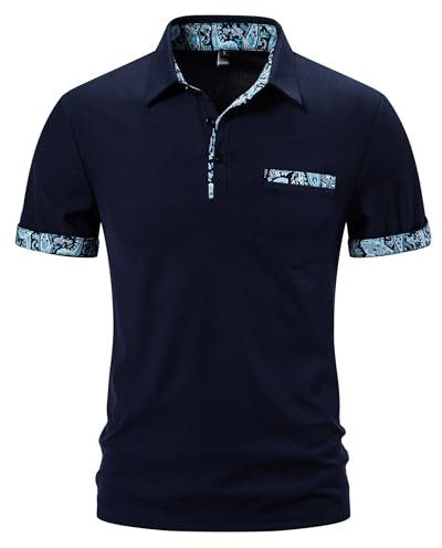 Mens Short Sleeve Polo Shirts Casual Classic Summer Button Slim Fit Contrasting Colors Breathable Basic with Pocket Golf Tennis Work T-Shirt Tops-008-Dark Blue-L