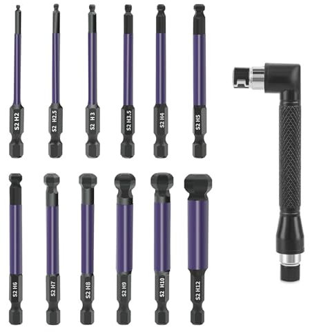 GIONAR 13Pcs Hex Bit Set, with 12 Ball End Allen Key Drill Bit Set and 1 Mini Double Ended Socket, S2 Steel 1/4” Hex Shank Magnetic Screwdriver Bits, 65mm Allen Key Screwdriver Set H2-H12