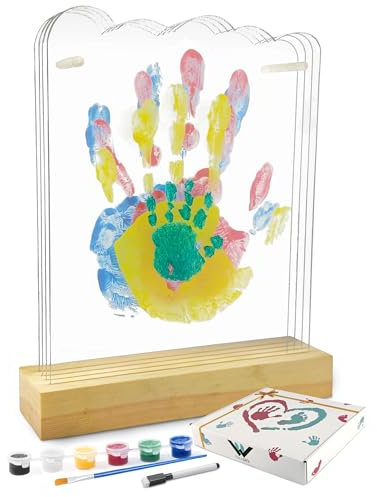 NEOWS Kit impronte Mani Famiglia Con Base in Legno e Foglie a Forma di Nuvola per 4 Persone, Cornice Personalizzata per Dipingere le Mani del Bambino e Genitori Idee Regalo Originali Ricordi per Nonni