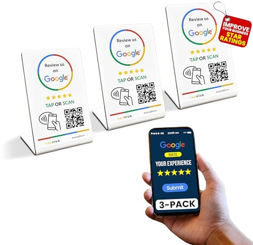 TapFive Google Review Ständer (3er-Pack) – Tippen für sofortige Bewertungen – wiederverwendbarer Smart Tap NFC & QR – alle Handys kompatibel – Boost Business Reviews Zappy Fast (Weiß, 3 Ständer)
