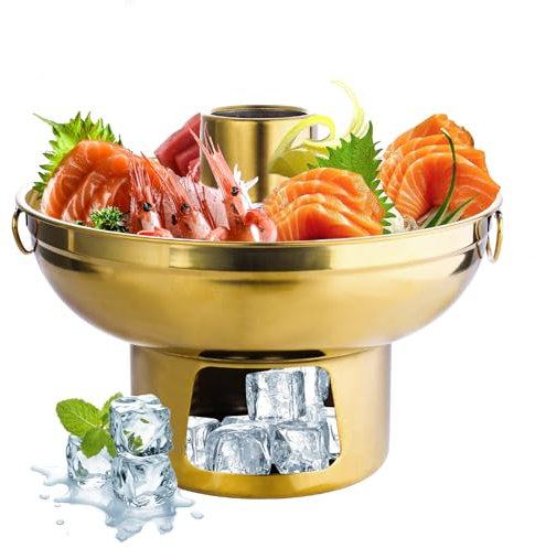 Plato de acero inoxidable dorado para fiesta, bandeja para servir con hielo seco debajo, reutilizable, para comida fría, para aperitivos, leche, té, aperitivos, helados (dorado)