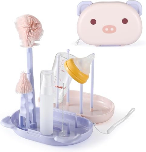 6 in 1 Baby Bottle Brush Set with Silicone Bottle Brush, Nipple Brush, Straw Brush, Soap Dispenser, Drying Rack and Storage Box, Portable Bottle Cleaner Brush Kit for Travel and Home, Purple