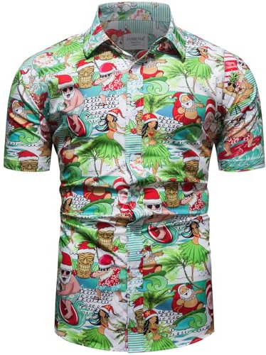 fohemr Herren Weihnachten Festival Barock Hemd Knöpfe Weihnachtsmann Surfen Gedruckt Kurze Ärmel Party Shirt Grün 3X-Large