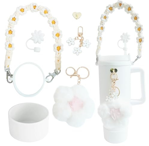 Stanley Tassen-Zubehör-Set mit Griff für Wasserflasche, Silikonstiefel, Silikon-Trinkhalm-Abdeckung, niedliche Charms für Stanley 1,2 l und 850 ml Becher (weiß)
