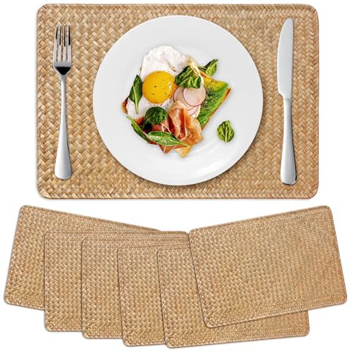 Lot de 6 Sets de Table en Jonc de Mer Naturel, Sets de Table Rectangulaires en Rotin, Place Mats en Osier pour Table à Manger