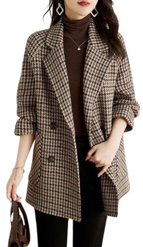 utcoco Womens Notched Lapel Pea Coat Double Breasted Blazer Jackets Houndstooth Woolen Blend Overcoat with Pockets