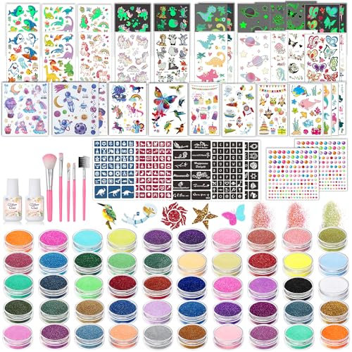TEUVO 50 Couleurs Tatouage Paillette Enfant, Tatouages Temporaires Kit avec 177 Pochoirs/25 Mixte Autocollants(Couleur & Lumineux) pour Paillette Maquillage Noël Halloween Carnaval Fête