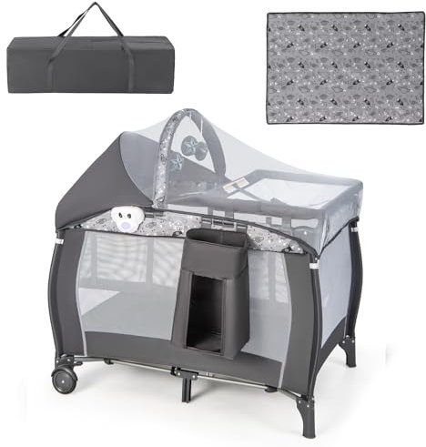 DREAMADE 4 en 1 Lit Parapluie Bébé 102x72x76CM avec Matelas&Moustiquaire Lit de Voyage Nourrisson 0-3 Ans à 15 KG avec Porte-Couche,Roue Verrouillable,Table à Langer,Boîte à Musique,Sac de Transport