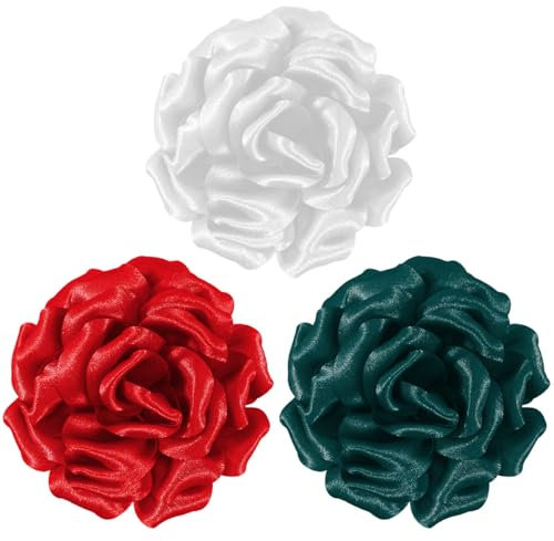 Mecool 4.33 3 Pcs Rose Hair Clip for Weddings Brooch Corsage Hair Head Clip on Flowers for Hair Jewellery Barrette Hair Decorations for Women Accessories | Hair Clips Girls Set-White/Red/Dark Green