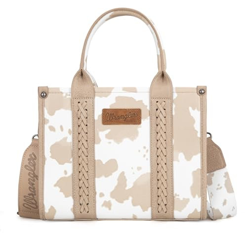 Wrangler Tragetasche mit Kuh-Aufdruck für Damen, Western-Geldbörse, Boho-Stil, Griff oben, Handtasche mit charakteristischem Riemen, Komplett mit Kuhmuster, Hellbraun