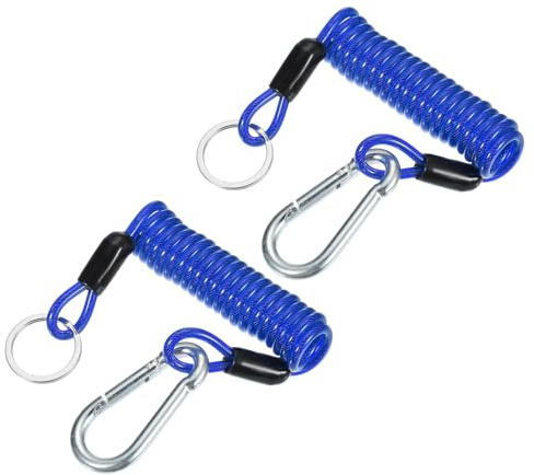PATIKIL 2stk 4mmx1,2m Einziehbar Abreißseil Anhänger mit Haken 60x9mm Blau | Spiralkabel Abreißseil Ungebremster Anhänger Sicherungsseil Stahl mit Karabiner Auto Wohnmobil Stahlseil Ummantelt mit Ösen