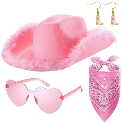 Chapeau de cow-girl rose, chapeau de cowboy de costume rose,4X Chapeau de cow-girl rose de carnaval pour femmes | Lunettes Bandana et boucles d'oreilles incluses, jeu de rôle, chapeau de cow-girl avec