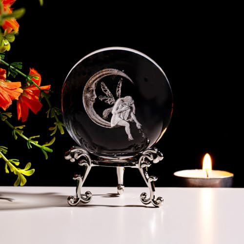 Sahoottie 60 mm 3D Mond Fee Kristall Kugel Fee Briefbeschwerer Fee Geschenke für Frauen Fee Dekor Mond Fee Ornamente Tinkerbell Geschenke Niedliche Schlafzimmer Dekor