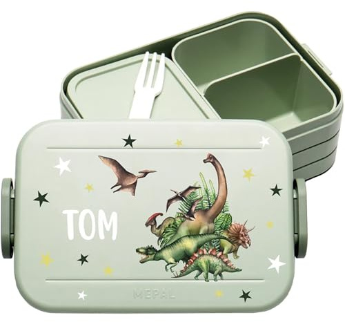 4youDesign | Personalisierte Kinder Brotdose Midi Grün mit Namen - Lunchbox Dinogruppe umgeben von Sternen Motiv für Kindergarten & Schule - Brotzeitdose Mädchen Junge