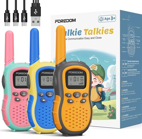 FOREDOM Wiederaufladbare Walkie Talkies für Kinder Walkie Talkies Funkgeräte Set 3-12 Jahre alte Jungen & Mädchen Spielzeug mit Taschenlampe, Abenteuer, Camping, Wandern – 3er Set