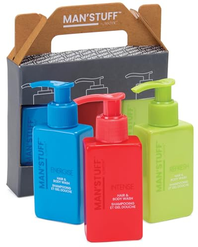 Man Stuff The Trilogy Men’s Hair & Body Wash Toiletry Set – 3 x 100ml Vegan Body Washes – Refresh, Intense & Energise Fragrances – Men’s Grooming Gift Set Developed in England
