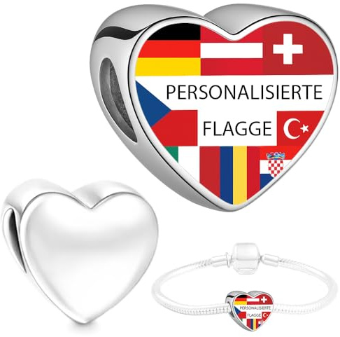 Flagge Herz Charm Anhänger Deutschland, Österreich, Polen, Türkei, Italien, Rumänien, Tschechien, Slowakei eigene Flagge Edelstahl kompatibel mit Pandora Armband Schmuck