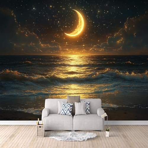 Fototapete Strand Vlies Tapete Sternenhimmel, Mond Und Wellen Fototapeten 3D Tapeten, Fototapete Schlafzimmer Wohnzimmer, TV Hintergrund Wandtapete Poster Wand Deko, 250 × 175 cm (BxH)