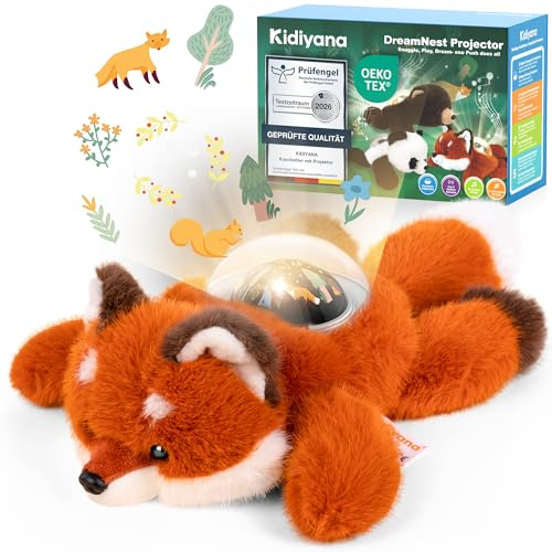 Kidiyana Kuscheltier mit Baby Einschlafhilfe, Plüschtier Himmel Projektor, Schlafmusik & Naturgeräusche, Bewegungs- & Weinsensor, Wiederaufladbar, Erstes Geschenk ab 0 Monat, Fuchs