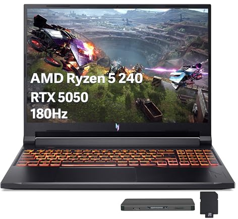 acer Nitro V 16 AI Gaming Laptop, 16 WUXGA 180Hz Display, AMD Ryzen 5 240, NVIDIA GeForce RTX 5050, 64GB DDR5, 2TB SSD, Backlit Keyboard, Copilot, Win 11, Black, 1TB Docking Station Set