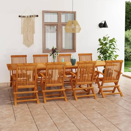 JHQHSM 9-TLG. Garten-Essgruppe aus Teak Massivholz, 9-teiliges Set mit Esstisch und Stühlen für Terrasse Gartenbereich, wetterbeständige Holz Gartenmöbel mit klappbaren Stühlen