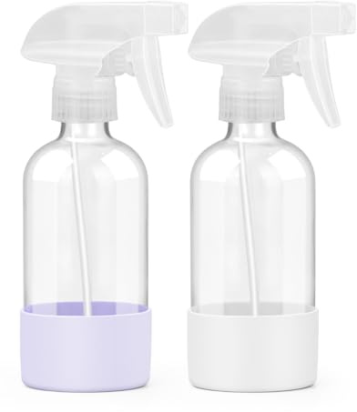Worldgsb 8oz Glass Spray Bottles with Long Silicone Sleeve, White&Purple, 2 Pack