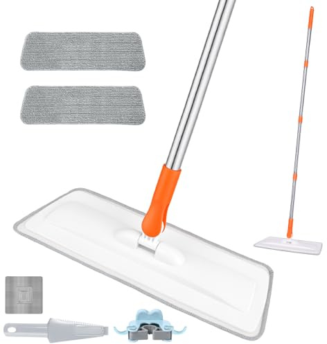 wlich Microfiber Flat Mop, 55 Extendable, 2 Washable Pads, Orange & White | Wet & Dry Cleaning, 360° Swivel Head, Lightweight Aluminium Handle for Tile, Wood, Laminate and Marble Floors