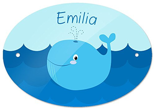 Eurofoto Türschild mit Namen Emilia und Motiv mit Blau-Wal für Mädchen | Kinderzimmer-Schild