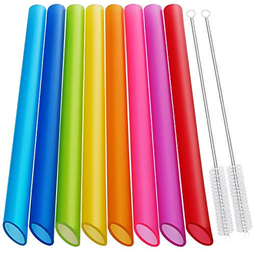 [Angled Tips] 8 Pcs Reusable Boba Straws & Smoothie Straws - Multi Colors Jumbo Wide Reusable Straws, BPA FREE Food-Grade Plastic Straws for Bubble Tea(Tapioca, Boba Pearls), Milkshakes with 2 Brushes
