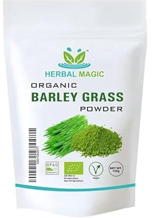 Herbal Magic's Organic Barley Grass Powder-Irrestibily Delicious.Sparkle Your Smoothies,Milkshakes,Recipes.Nutritious wholefood with sizable Healthy Attributes.Free from Fillers & Preservatives-100g