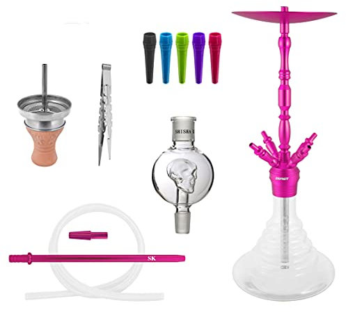Skynet® Air Shisha Set Hookah 86cm Alu + Zubehör | große Wasserpfeife Komplett Molassefänger Schlauch Tonkopf 100x Hygienemundstück Kaminaufsatz 18/8 Schliff Edelstahl schöne Bowl - Pink
