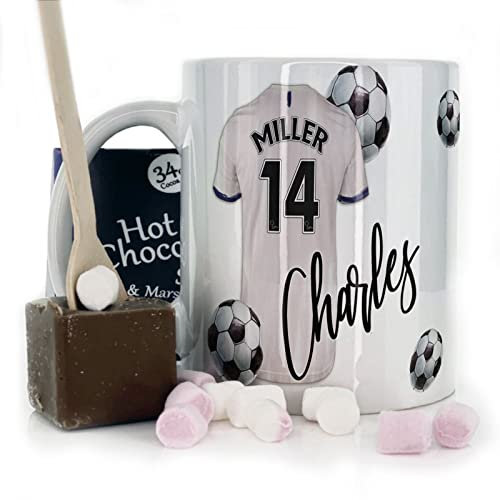 Personalised Belgian Milk Chocolate/Hot Chocolate Stirrer Marshmallow Gift Set, Custom Name/Number/Text on 11oz Happy Birthday Football Mug with White and Blue Sleeve Shirt