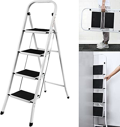 4 Trittleiterr Klappleiter Hocker Hochleistungsstahl No Slip Design Robustes breites Pedal Faltbar Platzsparend