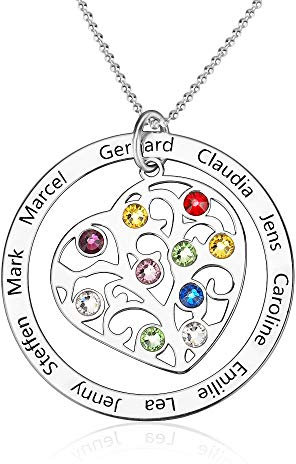 Collier Prénom Personnalisé en Agent Sterling 925 Pendentif Collier Arbre de Vie Gravure 1 à 10 Noms d'enfants Pierre de Naissance Mère Famille Grand-mère Bijoux Rond Bague
