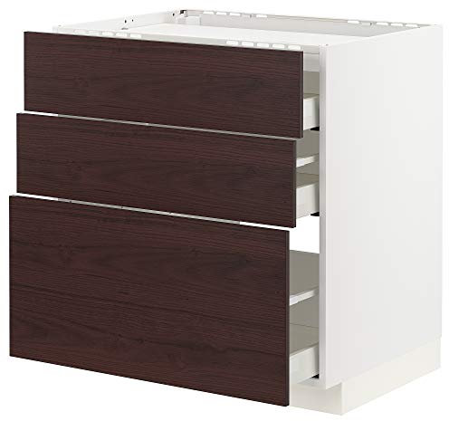 METOD/MAXIMERA Unterbaukabine für Kochfeld, 3 Fronten, 3 Schubladen, 80 x 61,6 x 88 cm, Weiß Askersund/ Dunkelbraun Asche-Effekt