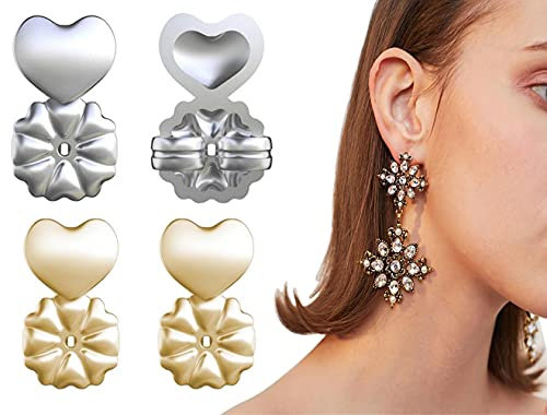 Lot de 2 paires de fermoirs magnétiques réglables hypoallergéniques en forme de cœur pour oreilles tombantes (doré + argent)