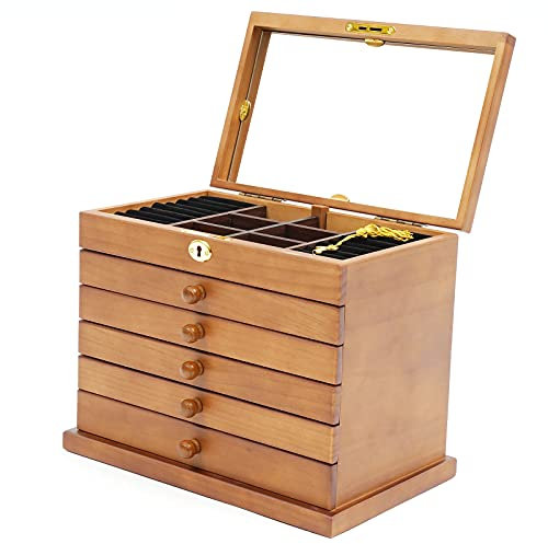 Futchoy Groß Schmuckkasten aus Holz Schmuckkästchen 6 Ebenen Schmuckkoffer mit 5 Schubladen und Spiegel - 29,5 x 18,5 x 25 cm - Braun