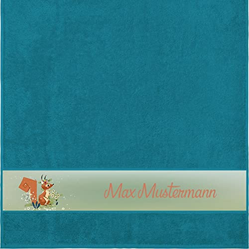 Manutextur Duschtuch mit Namen - personalisiert - Motiv Eichhörnchen - viele Farben & Motive - Dusch-Handtuch - Petrol - Größe 70x140 cm - persönliches Geschenk mit Wunsch-Motiv und Wunsch-Name