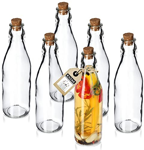 KADAX Lot de 6 bouteilles universelles avec bouchons, bouteilles en verre transparent avec bouchon en liège, carafe à huile, récipient en verre, bouteille d'huile (225 ml, 6 pièces)