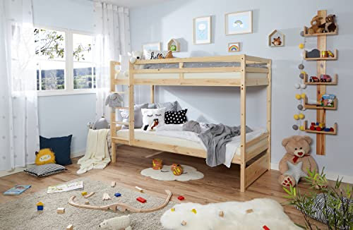 TiCAA Etagenbett, Kinderbett, Stockbett Funktionsbett für Kinder mit Treppe & Zwei Liegeflächen aus Kiefer Massivholz Natur Bettgestell 90 x 200