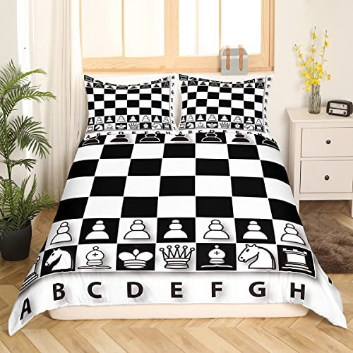 Homewish International Chess Bettbezug für Jungen Teenager Männer,Brettspiel-Bettwäsche-Set 135 x 200 Geometrisches Schachbrett Design Schwarz-Weiß-Büffelkaro Bettwäsche Schlafzimmerdekoration
