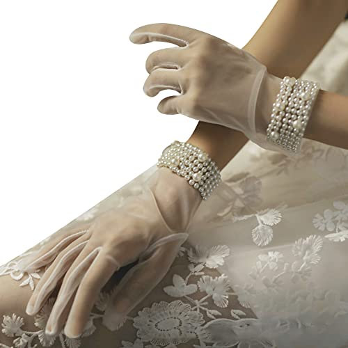 Asudaro Kurze Weiß Brauthandschuhe, 1Paar Frauen Hochzeit Spitzenhandschuhe Perlenhandschuhe für Brautfrauen Vollfinger Brauthandschuhe Tüll Hochzeit Party Handschuhe Damen Abendhandschuhe,Weiß