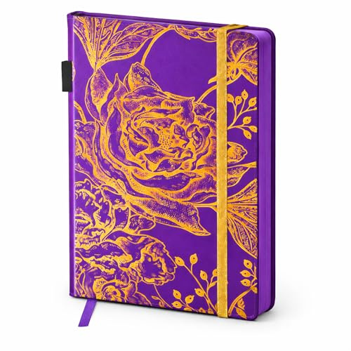 EJRange Purple A5 Lined Notebook Hardback Gold Foil Rose Journal 100gsm