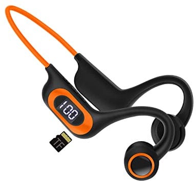 COMBLU Bone Conduction Bluetooth Headphones, Air Open Ear with Microphone, Sports Earphones Power Display TF Card Slot Sweatproof for, Running, Cycling, Driving (Orange)