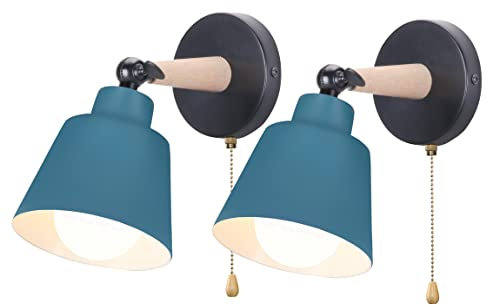 iDEGU 2 Pezzi Applique da Parete Interno Retrò Lampade da Parete Vintage in Metallo e Legno Moderne Lampada a Muro Orientabile con Interruttore E27 Luce da Camera da Letto Soggiorno (Blu Oxford)